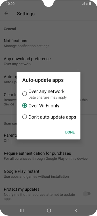 To turn on automatic update of apps using mobile network, press Over any network.