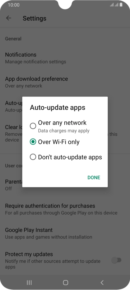 To turn on automatic update of apps using mobile network, press Over any network.