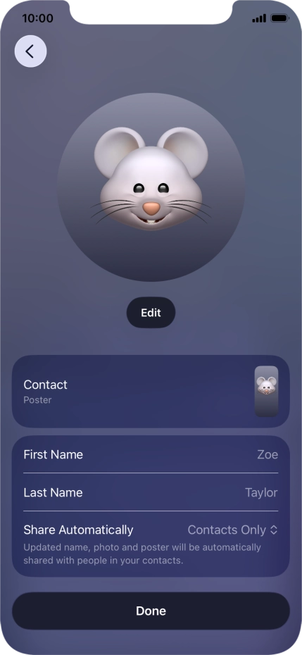 Press the name fields and follow the instructions on the screen to edit your name on the Contact Poster.