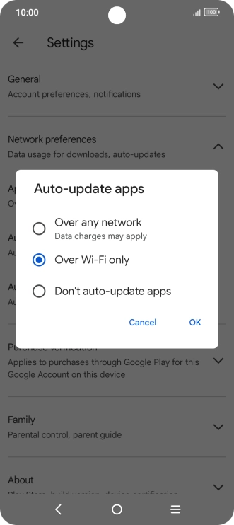 To turn on automatic update of apps using mobile network, press Over any network.