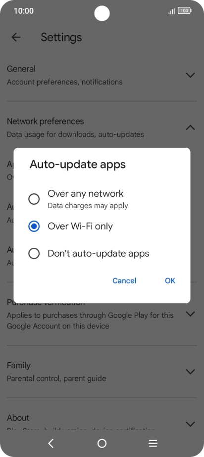 To turn on automatic update of apps using mobile network, press Over any network.