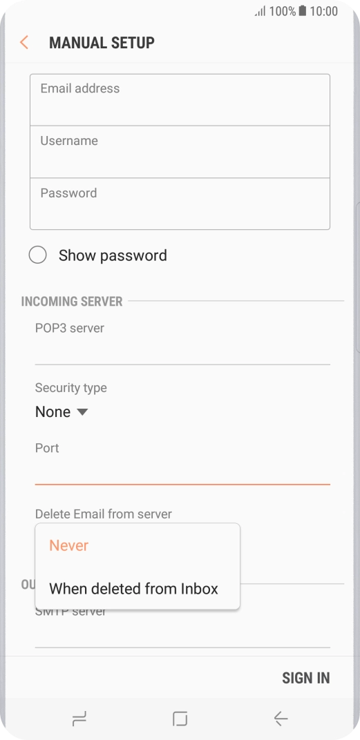 Press Never to keep email messages on the server when you delete them on your phone.