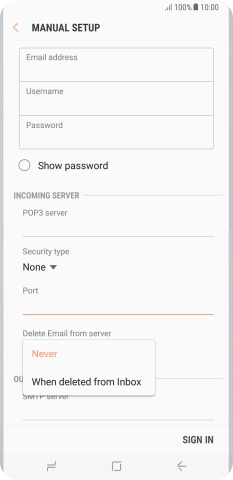 Press Never to keep email messages on the server when you delete them on your phone.