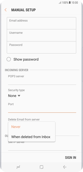 Press Never to keep email messages on the server when you delete them on your phone.