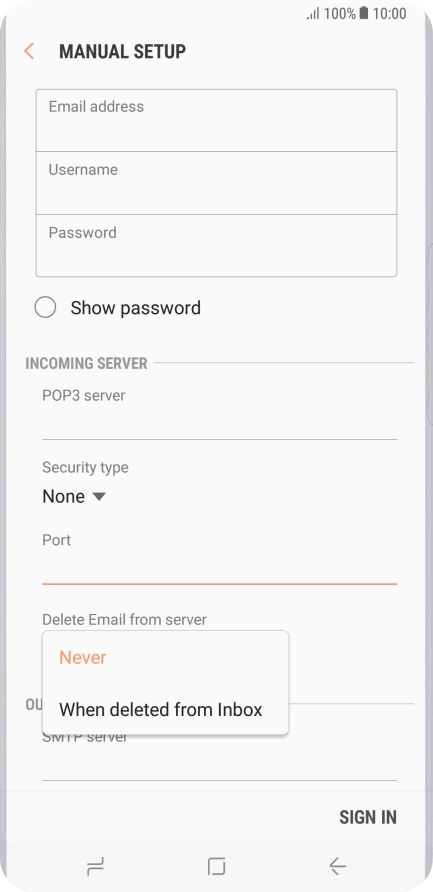 Press Never to keep email messages on the server when you delete them on your phone.