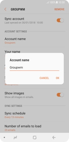 Key in the required name for the email account and press OK.