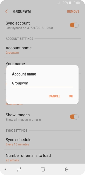Key in the required name for the email account and press OK.