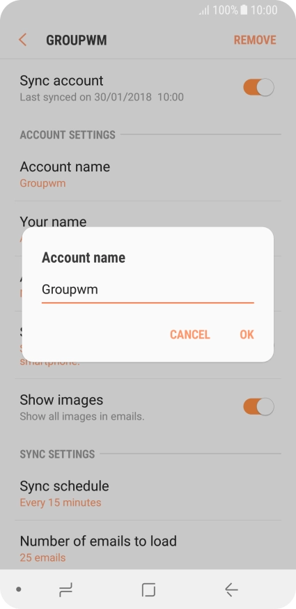 Key in the required name for the email account and press OK.