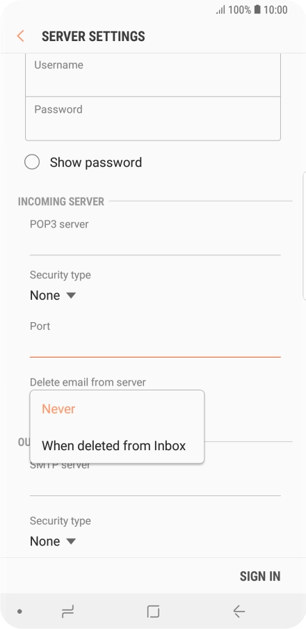 Press Never to keep email messages on the server when you delete them on your phone.