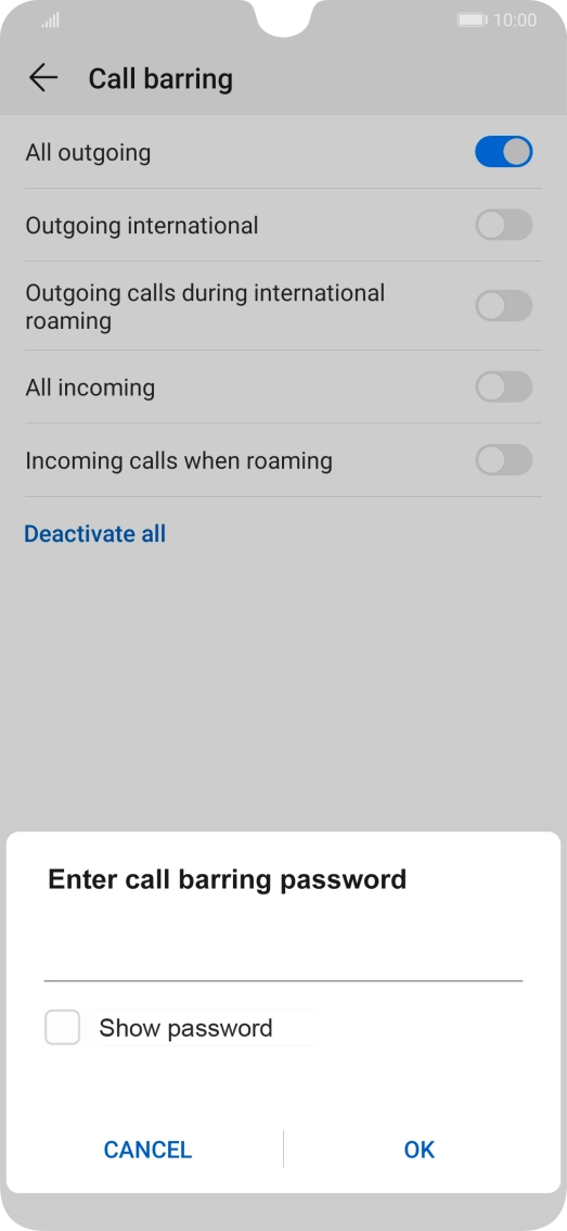 Key in your barring password and press OK.