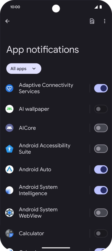 Press the indicator next to the required apps to turn the function on or off.