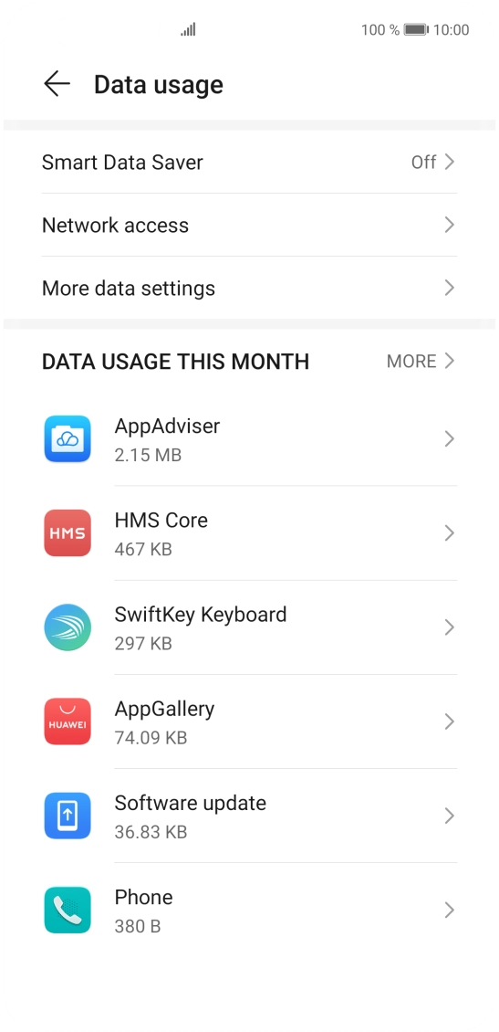 The data usage for each application is displayed below the name of the application.