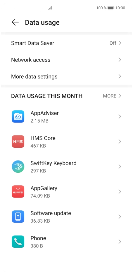 The data usage for each application is displayed below the name of the application.