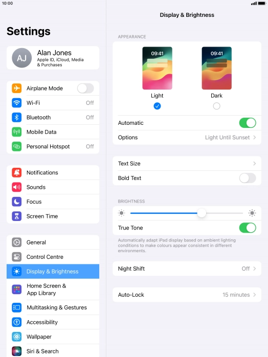 If you turn on the function, press Options and follow the instructions on the screen to select the required period of time for Dark Mode.