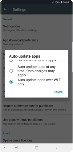 To turn on automatic update of apps using Wi-Fi, press Auto-update apps over Wi-Fi only..