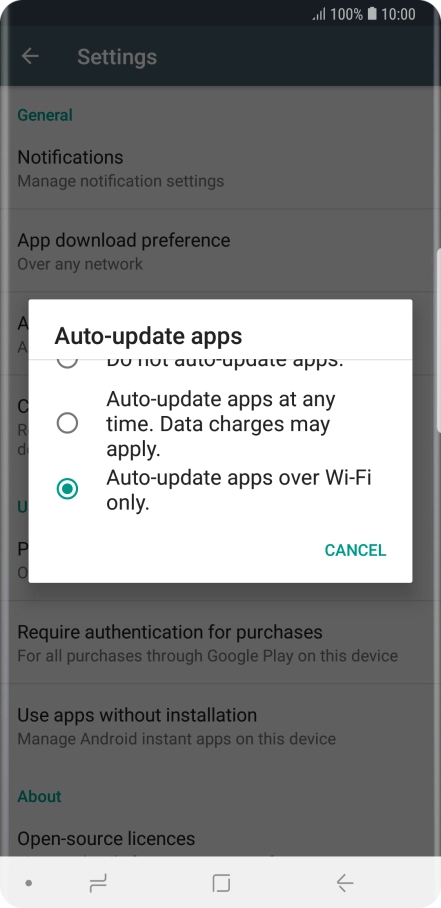 To turn on automatic update of apps using Wi-Fi, press Auto-update apps over Wi-Fi only..