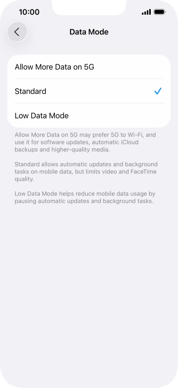 Press the required setting.