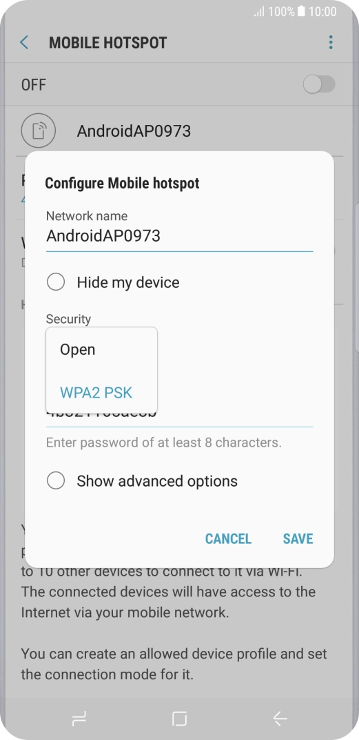 Press WPA2 PSK to password protect your Wi-Fi hotspot.