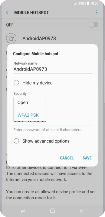 Press WPA2 PSK to password protect your Wi-Fi hotspot.