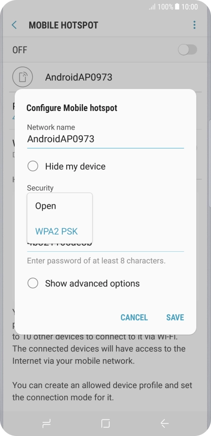 Press WPA2 PSK to password protect your Wi-Fi hotspot.