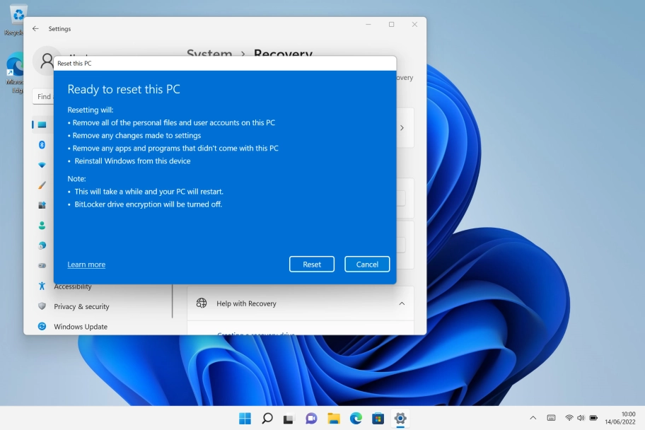 Click Reset. Wait while the factory default settings are restored. Follow the instructions on the screen to set up your laptop and prepare it for use.