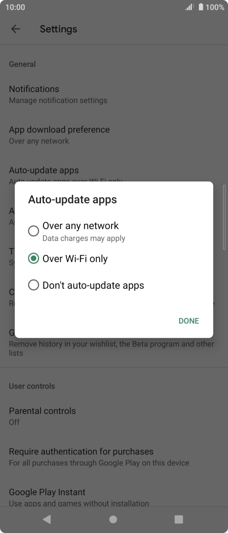 To turn on automatic update of apps using mobile network, press Over any network.
