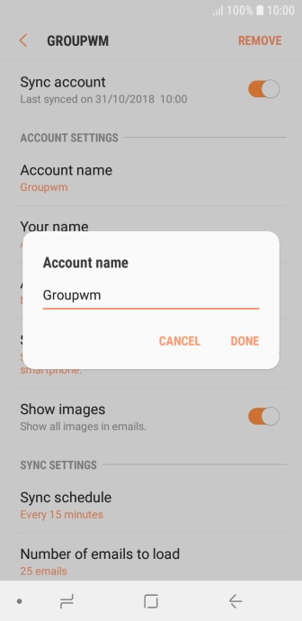 Key in the required name for the email account and press DONE.