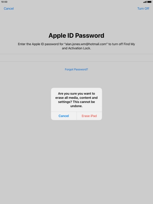 Key in the password for your Apple ID and press Erase iPad. Wait a moment while the factory default settings are restored. Follow the instructions on the screen to set up your tablet and prepare it for use.