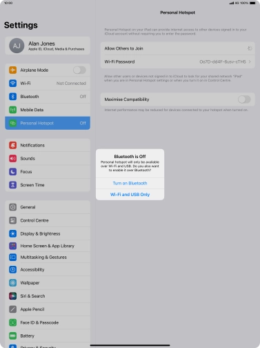 If Wi-Fi is turned on, press Wi-Fi and USB Only.