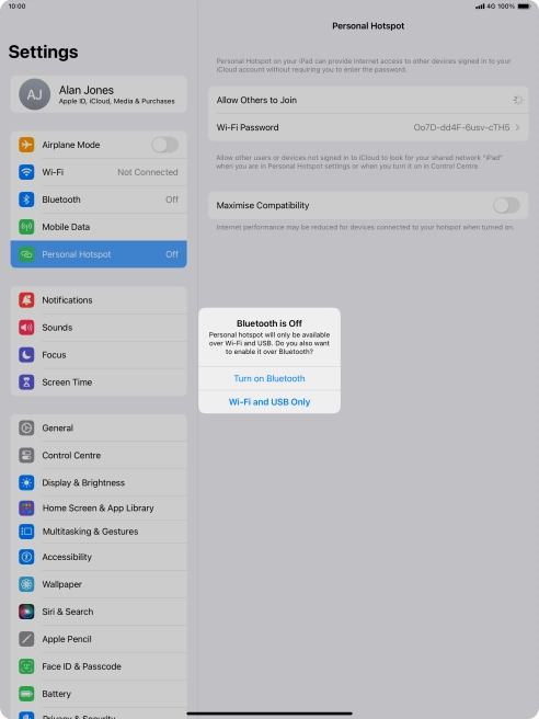 If Wi-Fi is turned on, press Wi-Fi and USB Only.