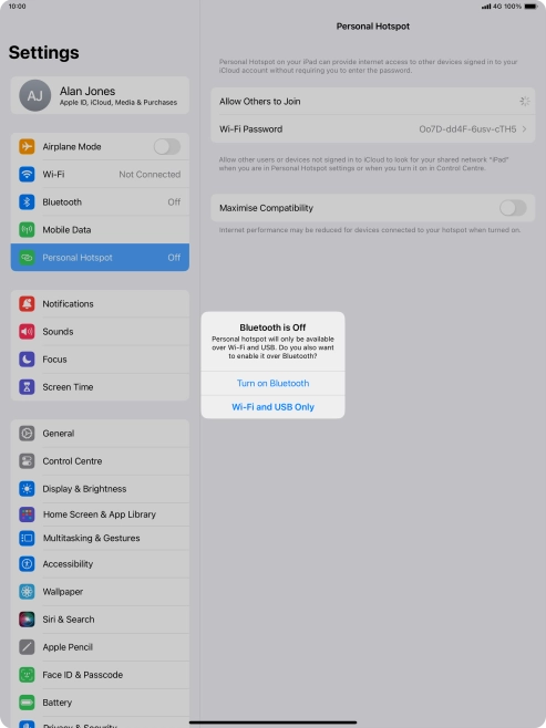 If Wi-Fi is turned on, press Wi-Fi and USB Only.