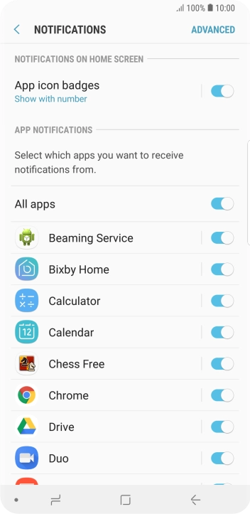 Press the indicator next to the required app to turn the function on or off.