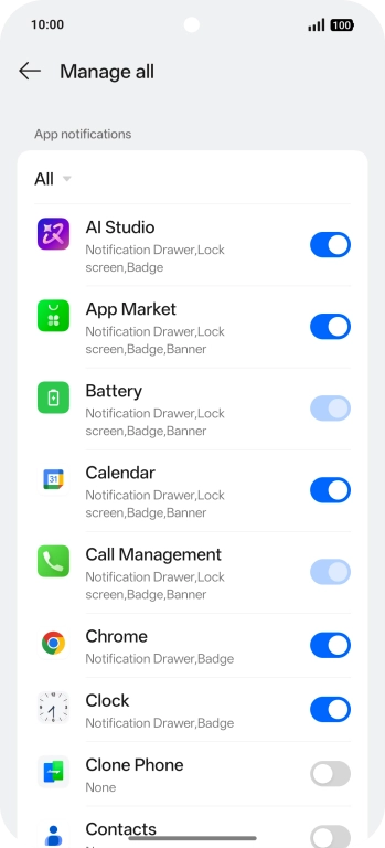 Press the indicators next to the required apps to turn the function on or off.