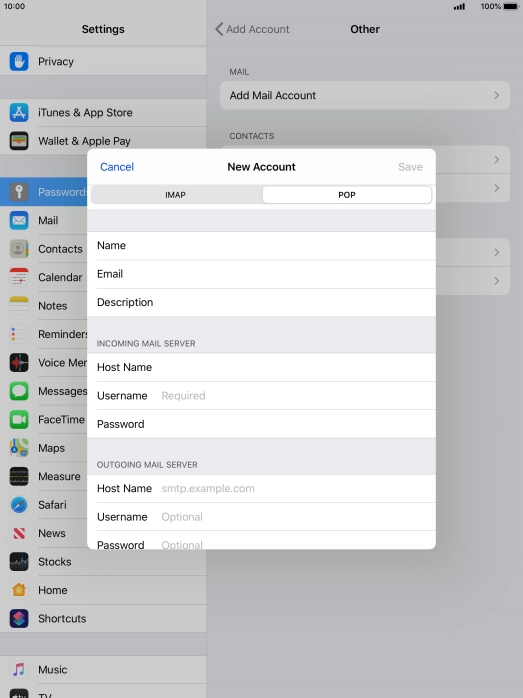 Press Username and key in the username for your email account.