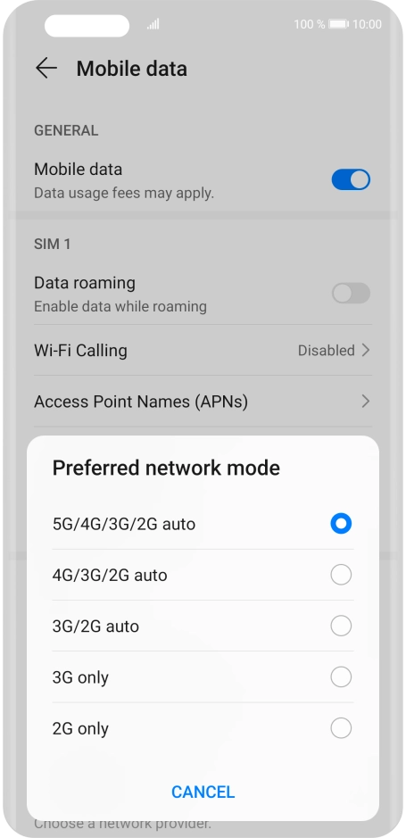 Press the required network mode.
