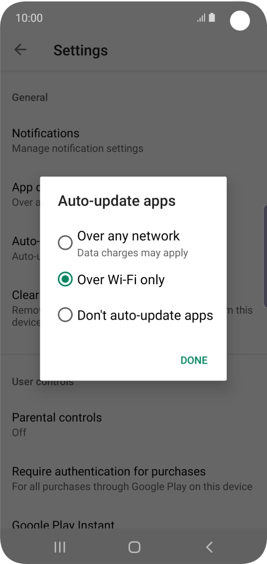 To turn on automatic update of apps using mobile network, press Over any network Data charges may apply.