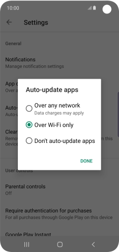 To turn on automatic update of apps using mobile network, press Over any network Data charges may apply.