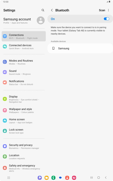 Press the required Bluetooth device and follow the instructions on the screen to pair the device with your tablet.