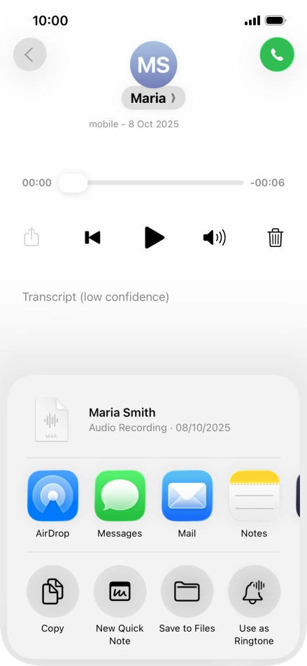 Press the required setting and follow the instructions on the screen to share or save the message.