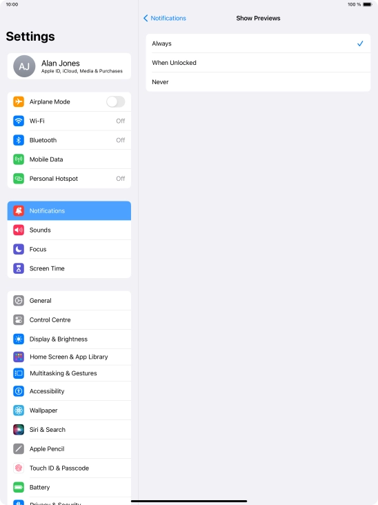 To select notification preview on the lock screen, press Always.