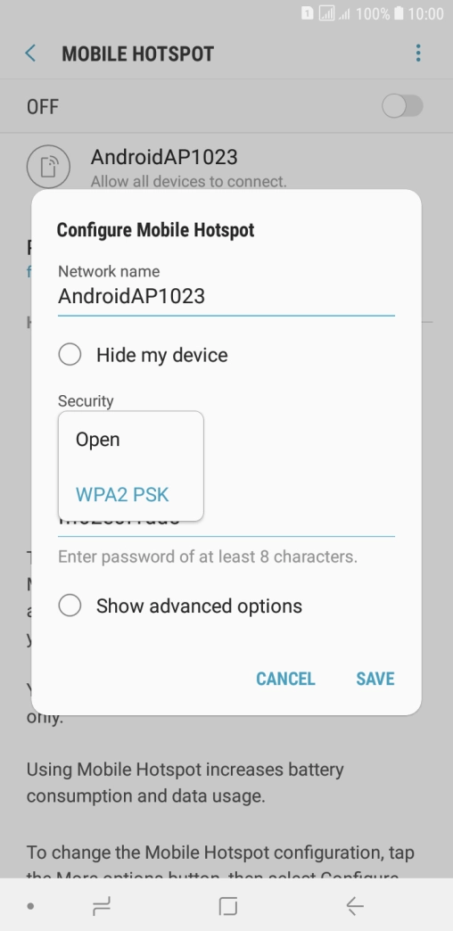 Press WPA2 PSK to password protect your Wi-Fi hotspot.