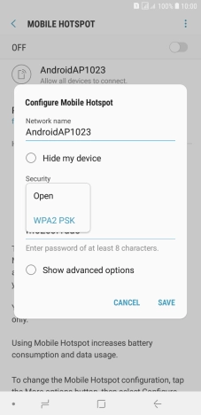 Press WPA2 PSK to password protect your Wi-Fi hotspot.