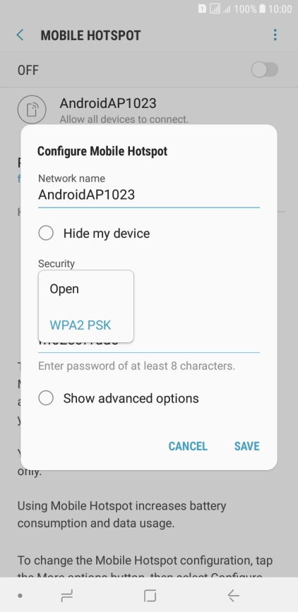 Press WPA2 PSK to password protect your Wi-Fi hotspot.
