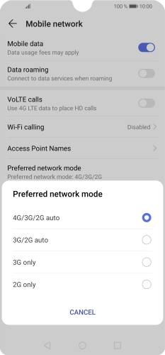 Press the required network mode.
