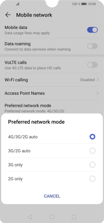 Press the required network mode.