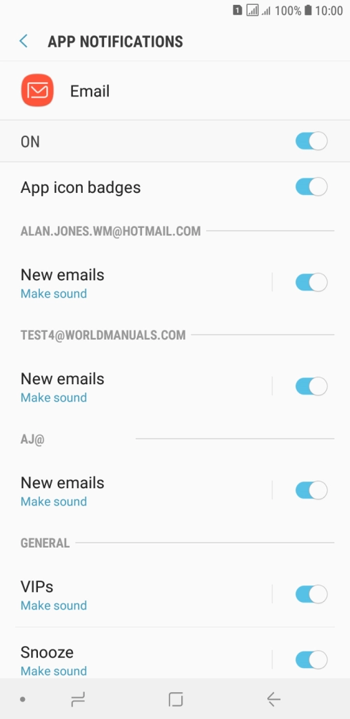 Press the indicator below the required email account to turn the function on or off.