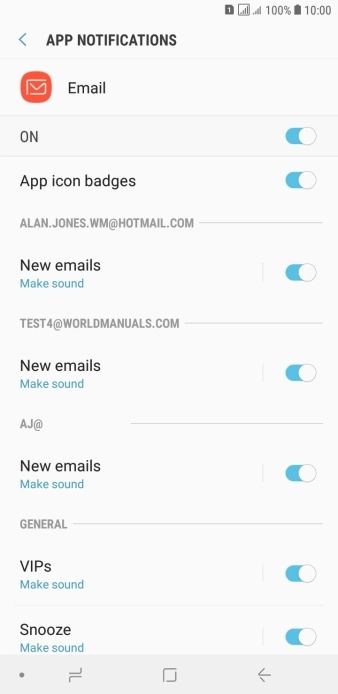 Press the indicator below the required email account to turn the function on or off.