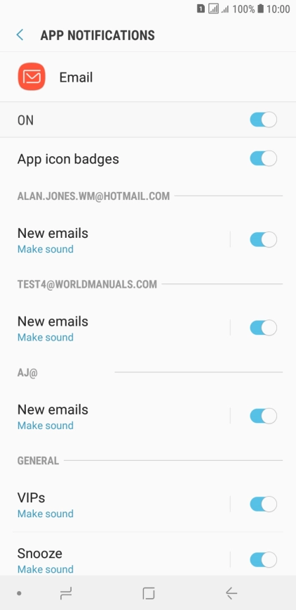 Press the indicator below the required email account to turn the function on or off.