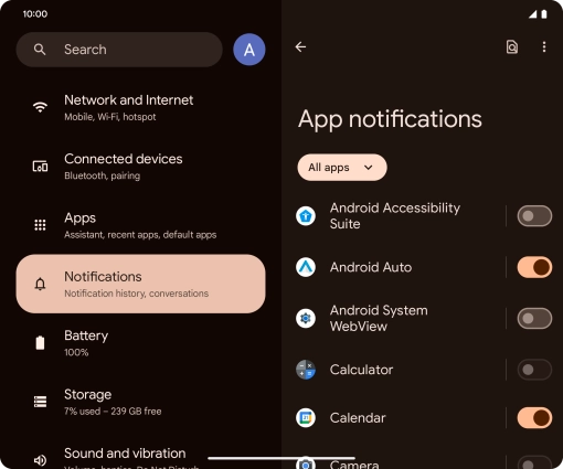 Press the indicator next to the required apps to turn the function on or off.
