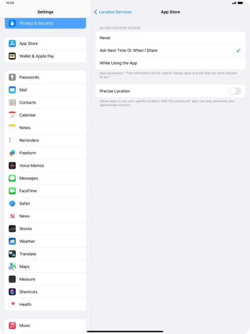 Press the required setting to turn the function on or off.